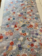  scraps, Japanese kimono silk fabric / light blue-grey, sakura J12