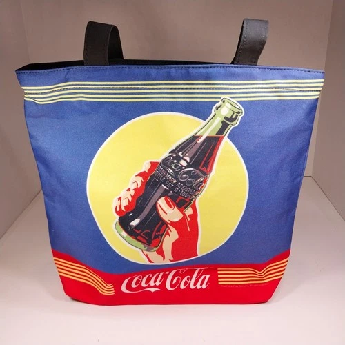 Licensed Coca-Cola Vintage Art Zippered Tote Bag Blue w/ Glass Soda Bottle