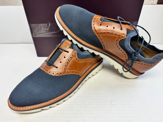 Johnston & Murphy Braydon Knit Saddle Shoe, Navy Knit/Tan Full Grain, 12 M