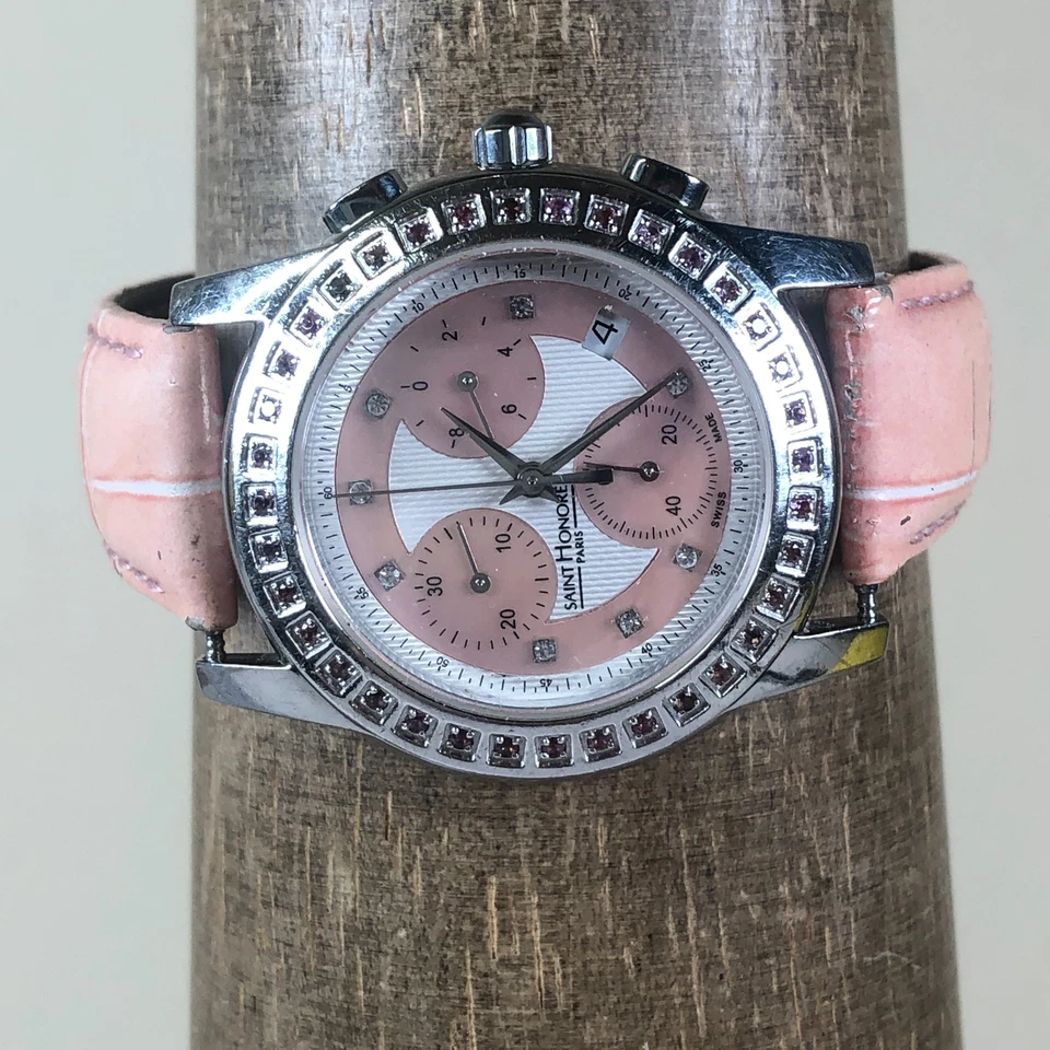 Reloj Saint Honore Paris Mujer Rosa Pavé Cronógrafo Cuero 35mm 6 1/2" Foto 2 de 4