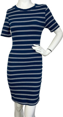 H&M Stripe Knit Dress Womens Size Small 6 Blue Rib Crew-Neck Bodycon EUC