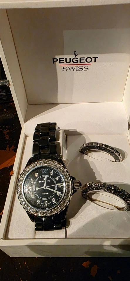 Reloj Peugeot Swiss Mujer Negro Cerámica Intercambiables Biseles y Caja Nuevo Foto 3 de 4