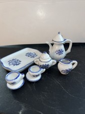 Vintage Andrea By Sadek Blue White Mini Tea Set Flower Tray Cup Saucer Dollhouse