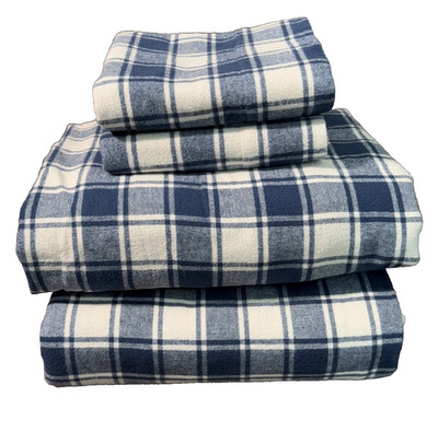 L.L.Bean Full Flannel Sheet Set Blue Plaid 100% Cotton Portugal Cottagecore