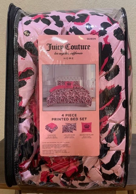 Juego de 4 edredones, fundas, almohada Juicy Couture rosa/negro con estampado de leopardo QUEEN Foto 4 de 4