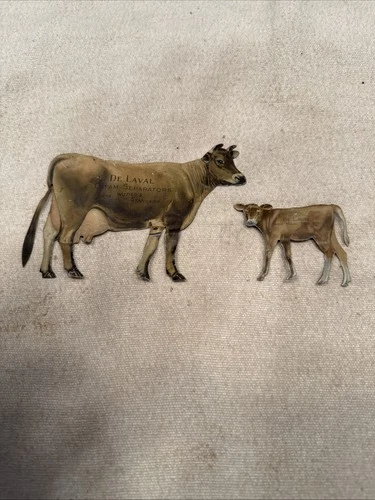 Antique Vintage DeLaval Cream Separator Holstein Cow & Calf Tin Diecut Signs