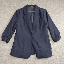 Image of Amanda + Chelsea Blazer Womens Medium, Navy Ruched Sleeve One Button Pockets
