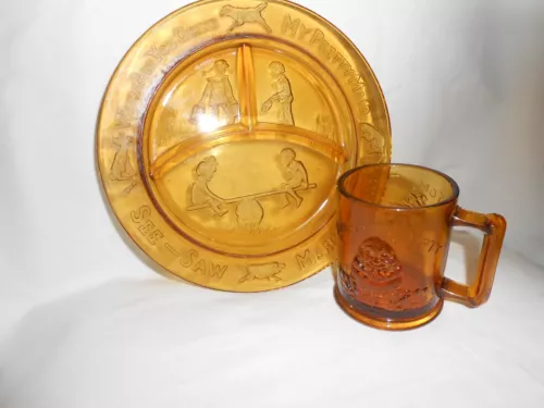 Vintage - Tiara Amber Glass 2 Piece Set Cup & Plate Humpty Dumpty Nursery Rhymes
