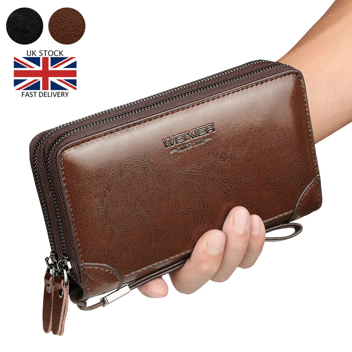 UK Men Long Leather Wallet Double Zipper Cash Card Phone Holder Purse Business
