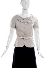 CHRISTIAN DIOR 10C Ivory Navy Pinstripe Short Sleeve Belt Blazer Jacket IT 44 8