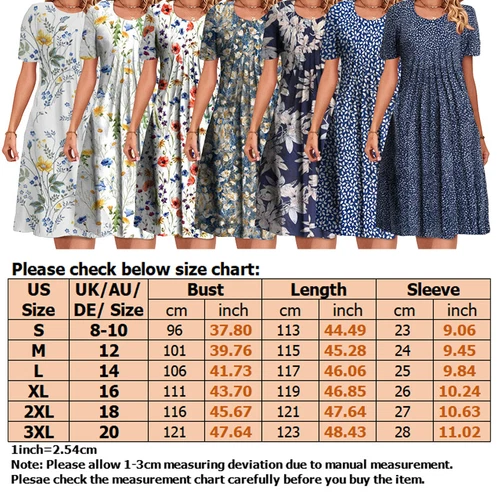 Womens Floral Short Sleeve Midi Dress Ladies Casual Summer Pleated Holiday Dress - Bild 3 von 24