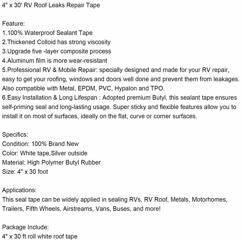 4" x 30' RV Sealant Tape UV Waterproof Roof Leaks Repair Tape Seal