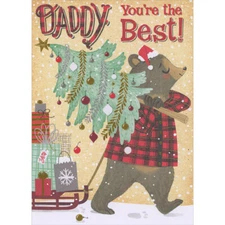 Bear Carrying Decorated Tree Pulling Sled with Gifts Christmas Card for Daddy