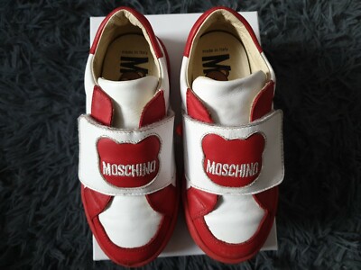 Moschino White & Red Leather Teddy Trainers Size UK 9 Eur27 Vitello Rosso Bianco