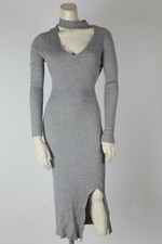 No Comment Gray Ribbed Knit Bodycon Midi Dress Sz L Choker Neck Side Slit Going