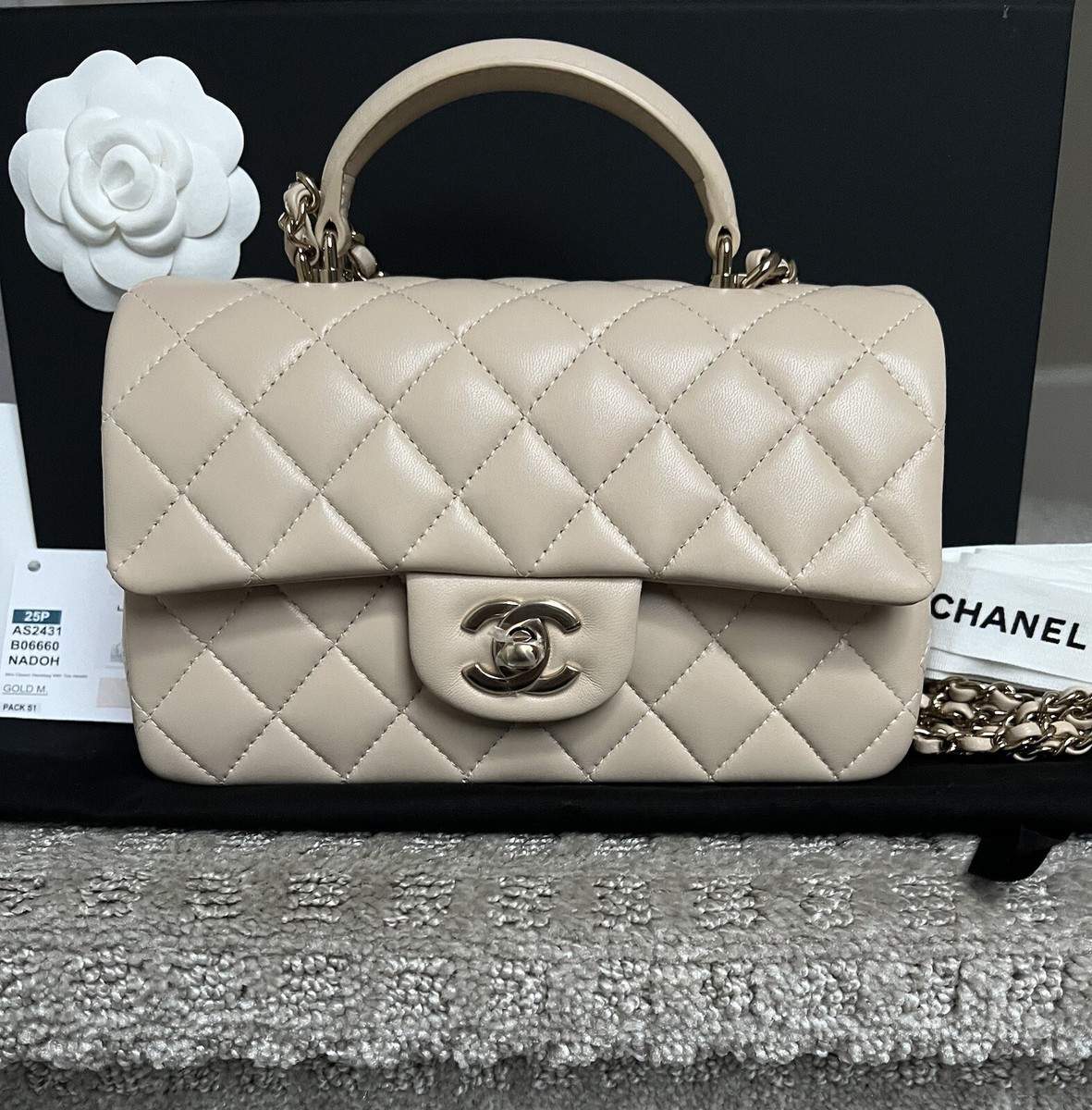 Chanel 25P Single Flap Classic Mini Top Handle Bag Beige Lambskin