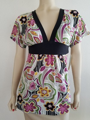 Fashion blouse top plunging V neckline halter style tie making a keyhole back S