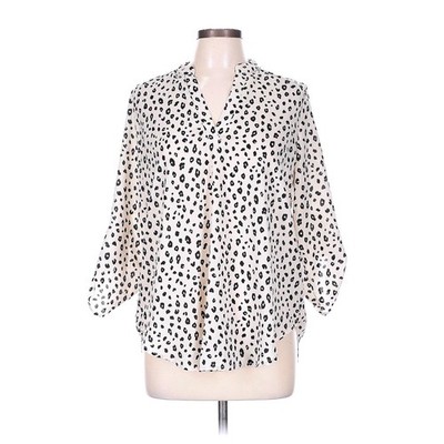Lush Women Leopard Print V-Neck Roll Tab Sleeve High Low Blouse Cream Black LRG