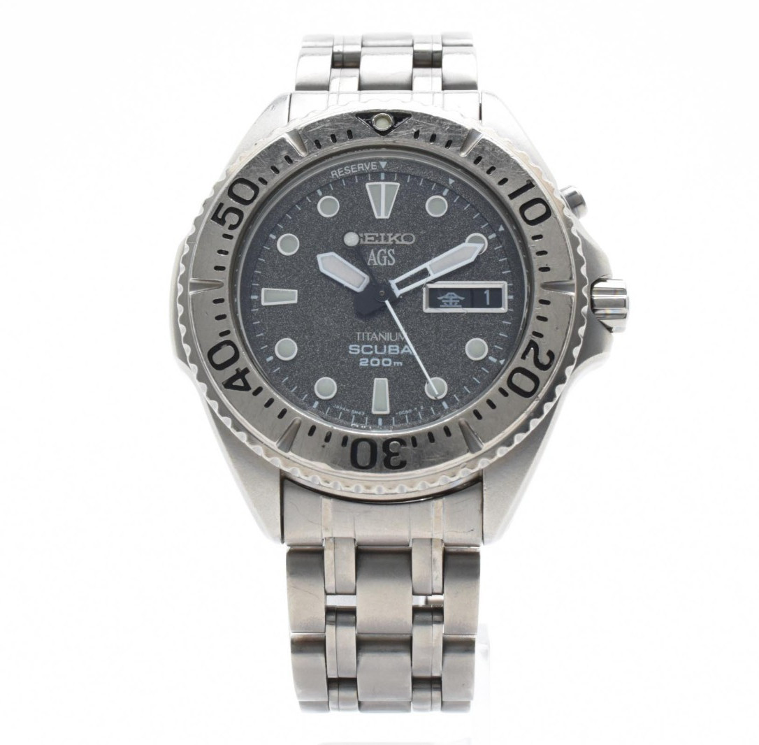 New Batt [EXCELLENT+5] SEIKO Kinetic Scuba 5M43-0B70 Gra Day/Date QZ Men's Watch