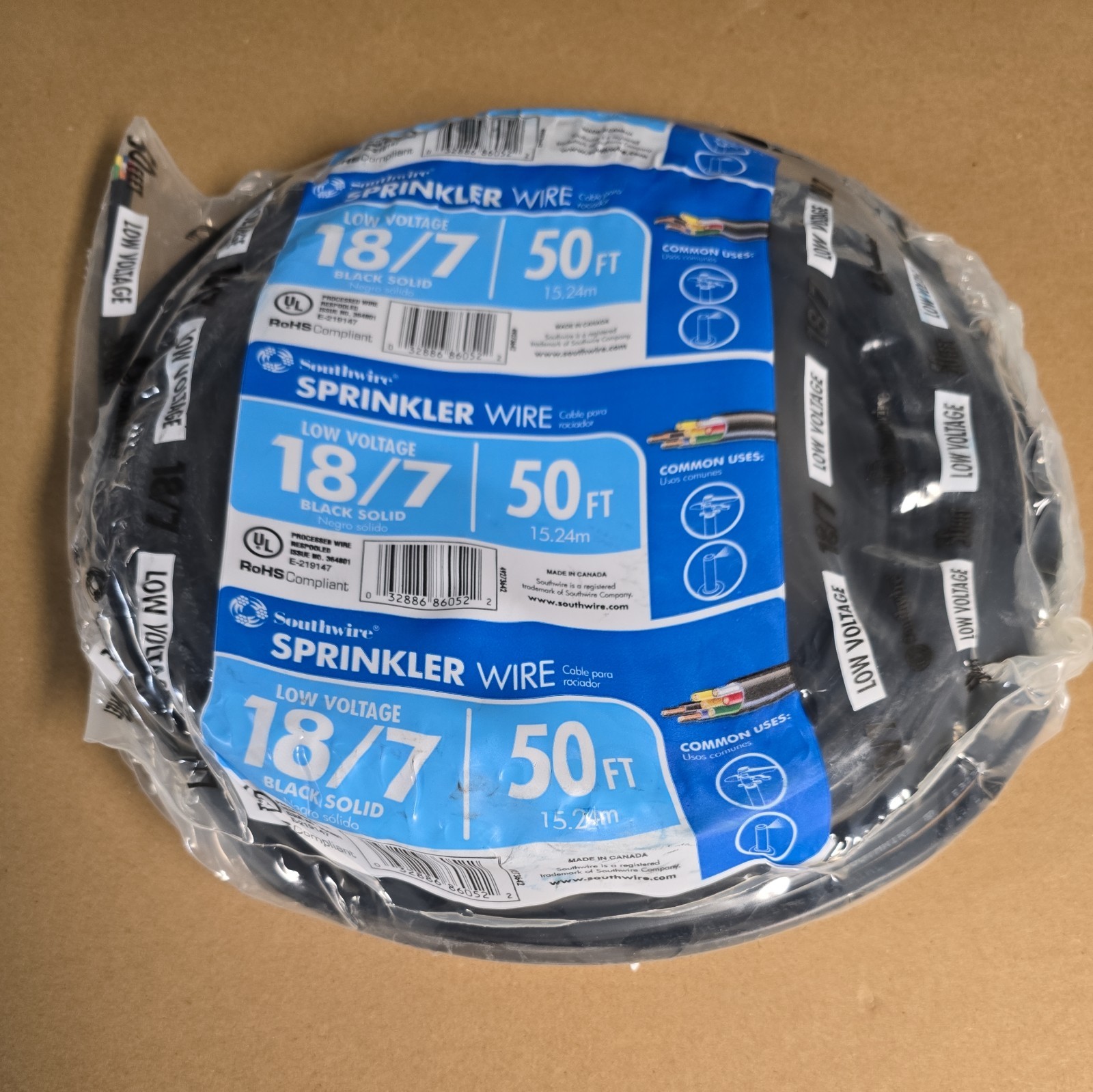 Southwire 18/7 Black Solid Burial Sprinkler Wire 50ft NEW