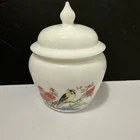 Vintage White Milk Glass Apothecary Jar w/Lid Spring Flower Finch Bird Avon 6"T