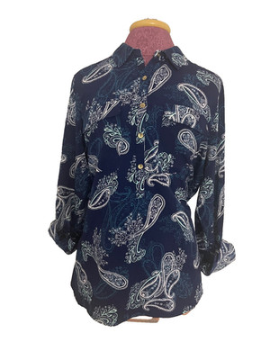 Croft & Barrow Women Navy Blue Paisley Blouse Roll Tab Sleeve Button Front Top L
