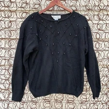 Vintage 90s black angora blend sweater diamond beaded argyle MEDIUM