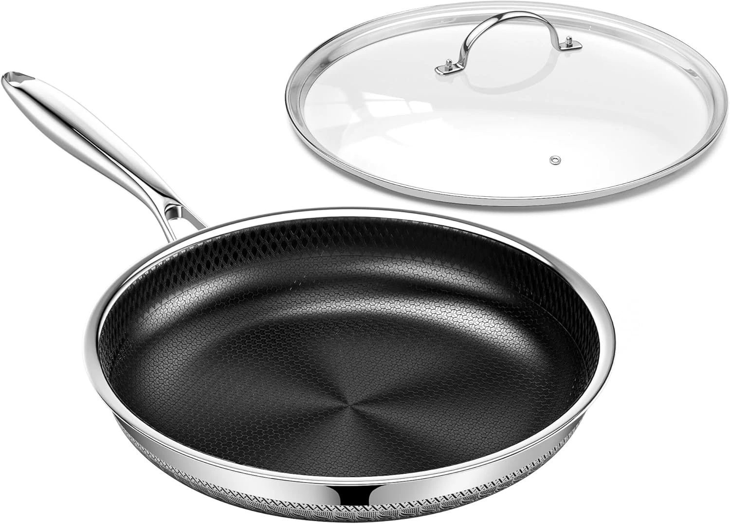 12" Non-Stick Ceramic Hybrid Frying Pan with Lid - Induction Safe, Metal Utensil