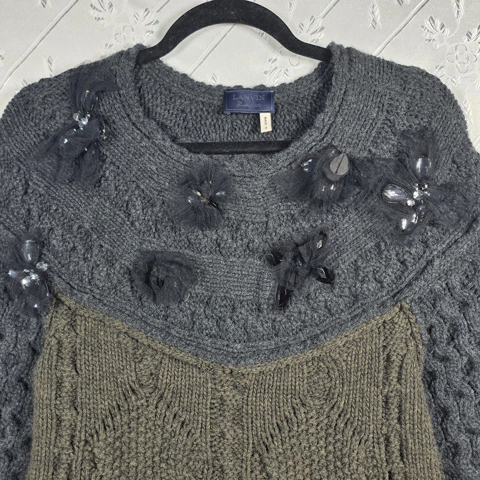 Suéter tejido grueso de lana con flores adornado Lanvin River 2013 diseñador mediano Italia Foto 3 de 4