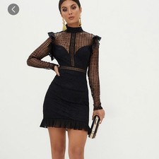 PrettyLittleThing Black Lace High-Neck Ruffle Sleeve Midi Dress Size 6