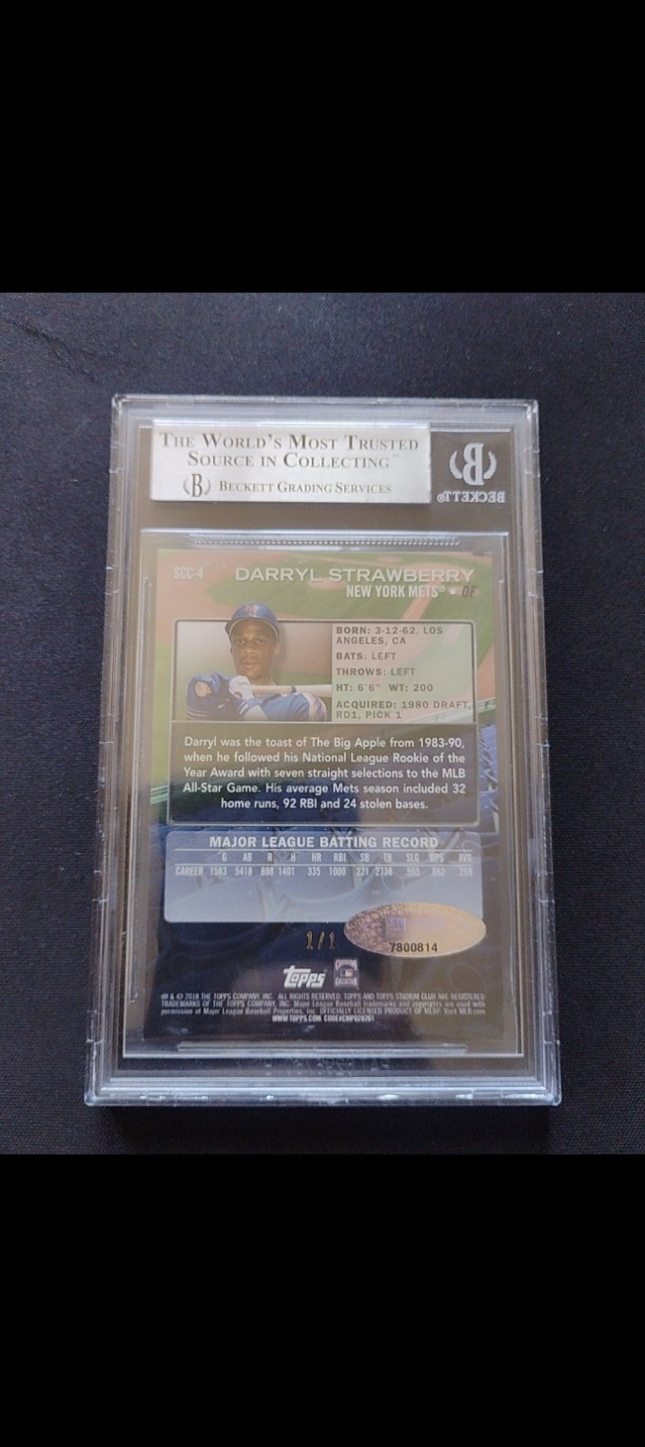 2018 Darryl Strawberry Superfractor 1/1 Topps Stadium Club Auto Autographed BGS view 2