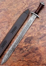 ⚔️ Hand-Forged Damascus Viking Sword | Full Tang | Custom Leather Sheath |