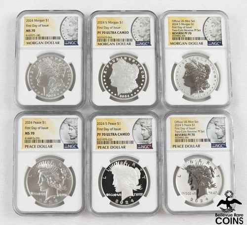 Set of 6: 2024 Morgan & Peace Dollar Silver Coins NGC MS70, PF70 UC & REV PF70