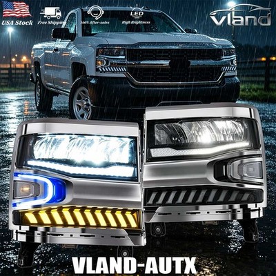 VLAND LED DRL Headlights W/Dynamic Sequential For 2016-2018 Chevy Silverado 1500