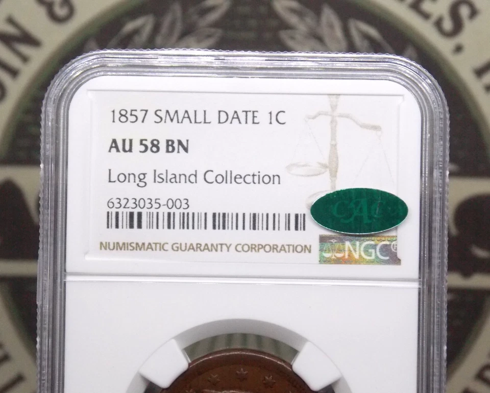 1857 Braided Hair Large Cent *SMALL DATE* 1c NGC AU58 BN CAC #003 About Unc - Image 4 of 4