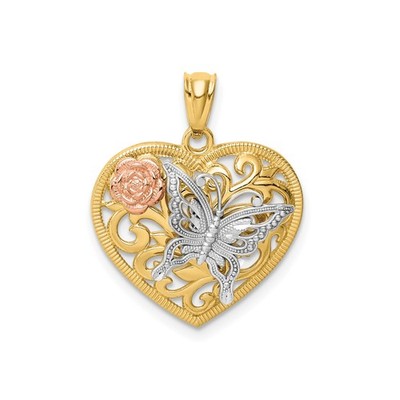 14k Tri-Color Gold Herz Anhänger Rose Blume Schmetterling Filigran Halskette Damen