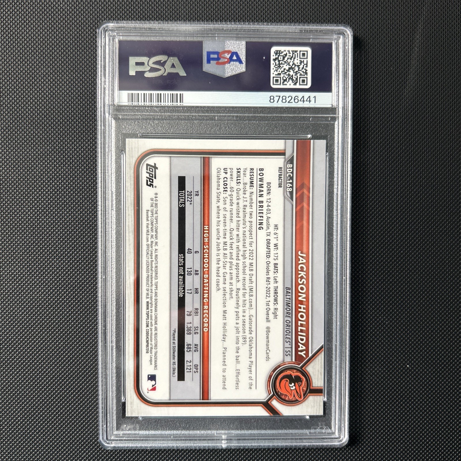 2022 Bowman Draft - Chrome Jackson Holliday #BDC-168 Refractor (RC) PSA 10 view 2