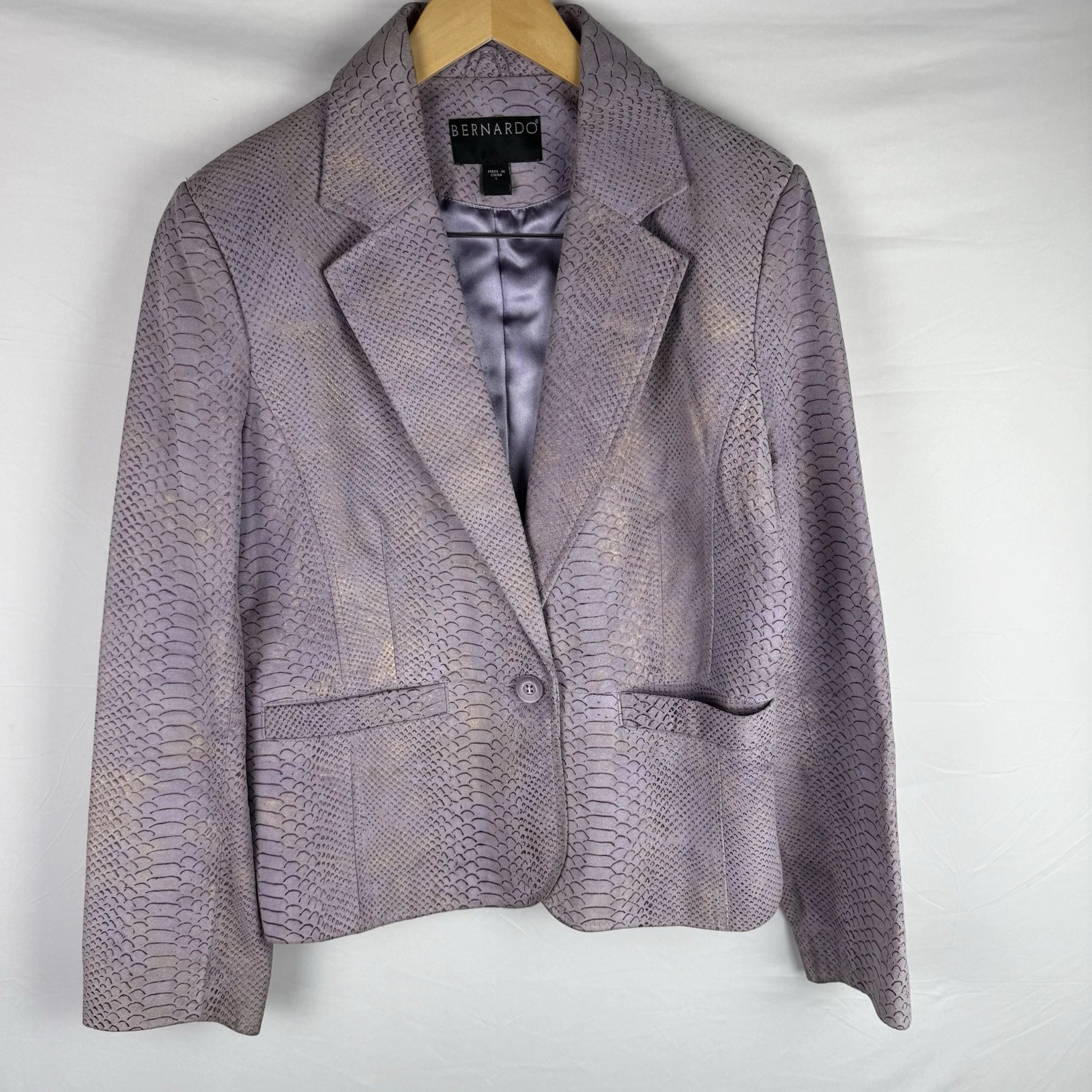 Bernardo Womens Snake Print Genuine Leather Suede Violet Gold Blazer Sz L