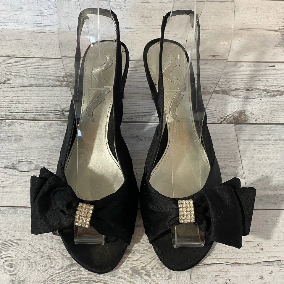 Tacones Nina con cordones para mujer 8,5 M negros satinados estrás lazos punta abierta elegantes Foto 3 de 4