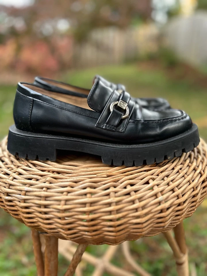 Women's ZARA Black Patent Chunky Lug Sole Buckle Loafers Shoes 6.5 - Image 2 of 4