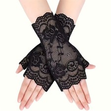 Elegant Lace Half-Finger Gloves Sun-Proof, Black Floral Pattern, Stretch Fit