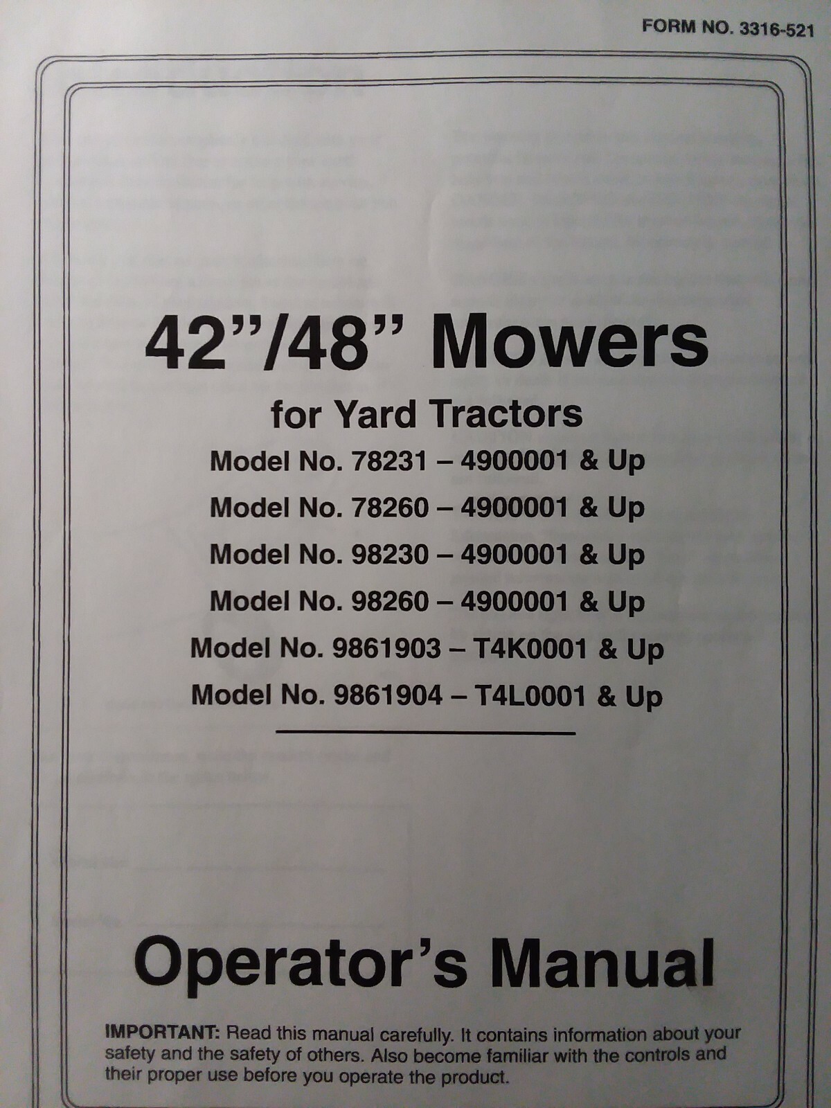 TORO Wheel Horse Tractor 42" 48 Mower Implement 78231 9861904 Owners