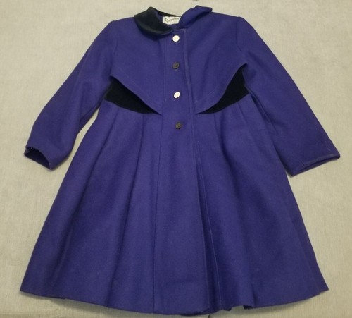 Rothschild Girls' Blue Wool Dress Coat Velvet Trim VTG 70s 80s ILGWU NO SIZE TAG - Picture 2 of 15