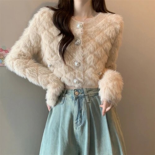 Knitted Cardigan Women Autumn Winter Round Neck Slim Short Plush Sweater Tops - Bild 6 von 9
