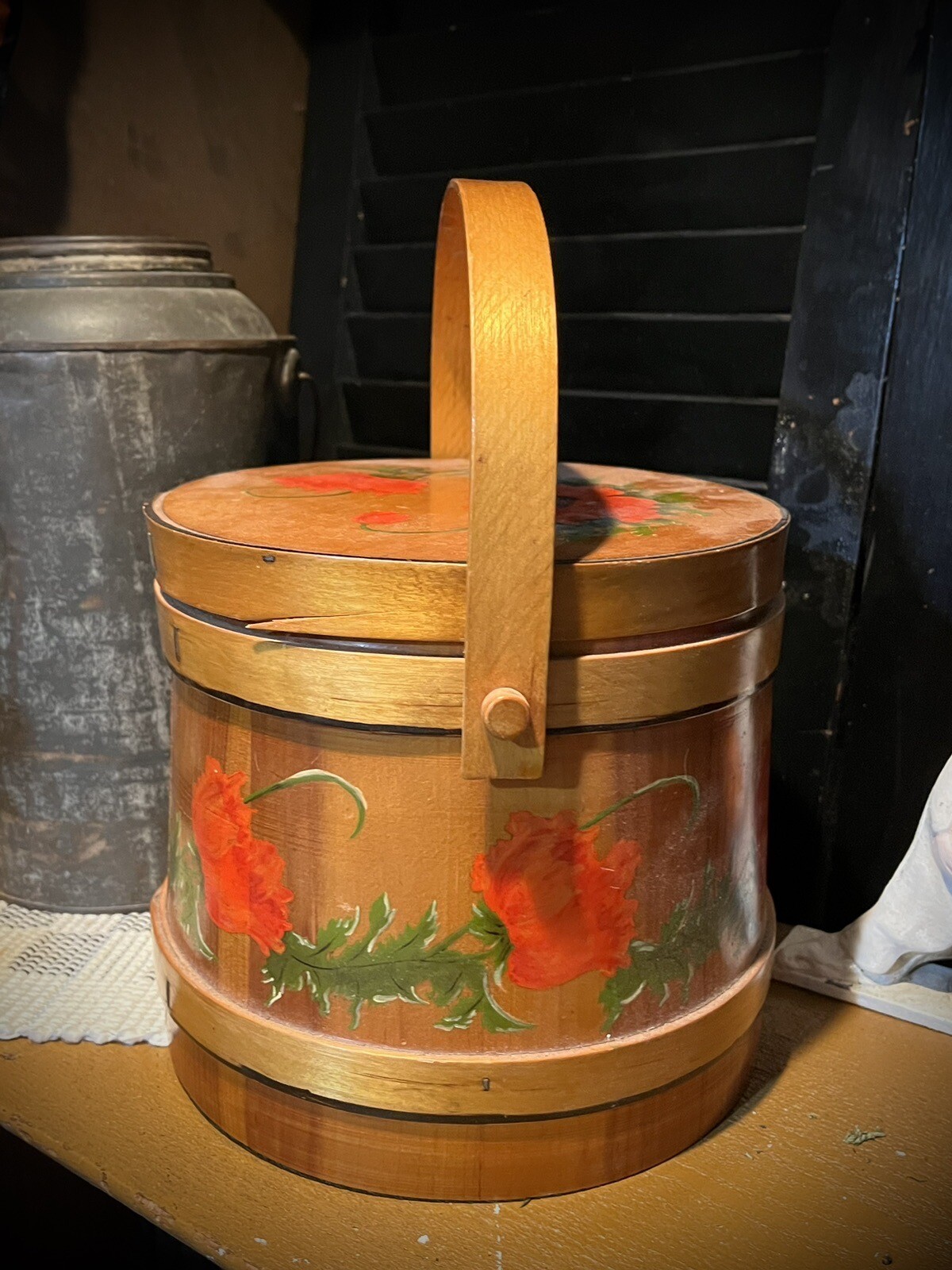 Antique Wood Wooden Firkin Sugar Bucket Orange Red Poppy Flowers Fall Halloween