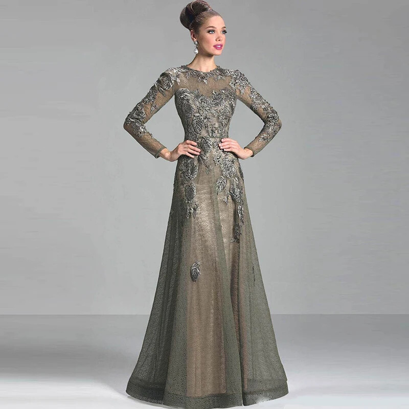 chinese dress ladies Embroidered Lace Applique, Long Sleeves, Long Mother Of The Bride Dress main image 1
