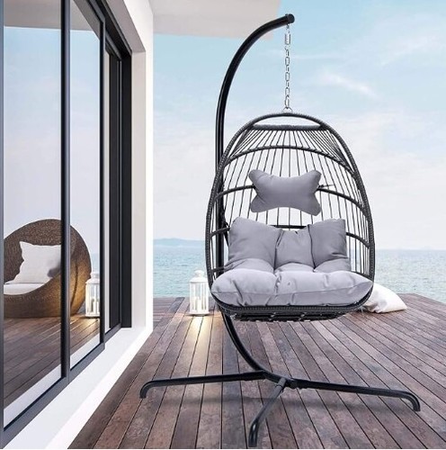 Hanging Egg Chair Hammock Foldable Stand Steel Patio Wicker Rattan Soft Cushion - Picture 15 of 16