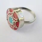 Tibetan Silver Turquoise Red Coral Original Jewelry Adjustable Unisex Ring R61