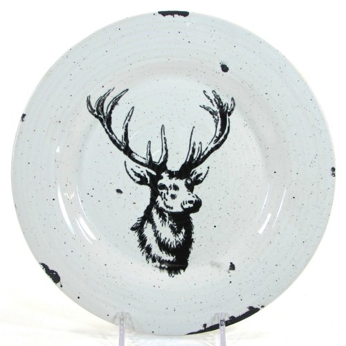 One Hundred 80 Degrees BUCK DEER 8.5" Salad Plate White Black Distressed
