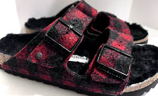 Women's Birkenstock Germany Red Plaid Wool Upper Size 37 Slides Buckles